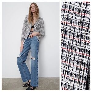 NWT. Zara White/Blue Textured Double Breasted Blazer. Size S.